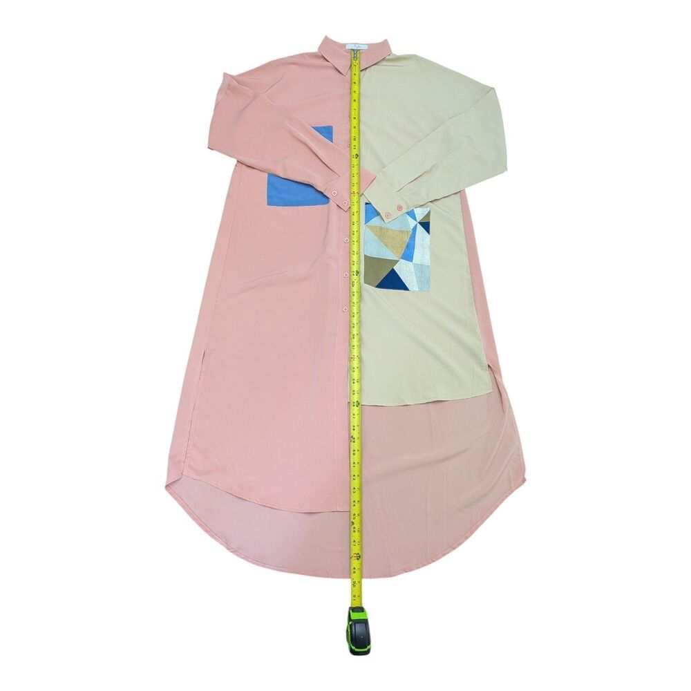 Boho Color Block Shirt Dress Maxi Asymmetric Patchwork Pastel Pink Beige Medium - Picture 8 of 9